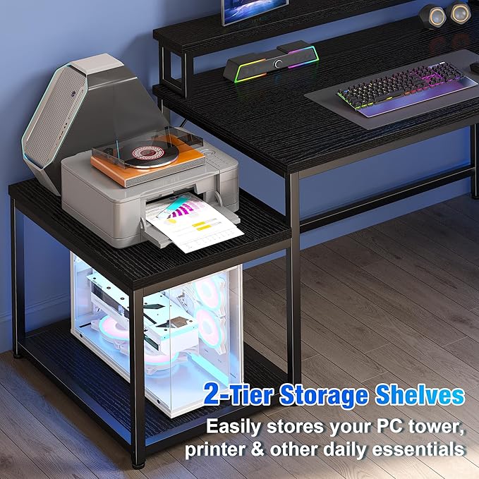 EnHomee 56 Medium L Shaped Gaming Desk with LED &amp Power OutletsComputer Desk with Monitor Stand &amp Print Stand for Home OfficeReversible Corner Gaming Table with Storage Shelf &amp HooksBl