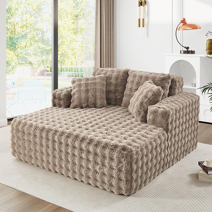 56 W Oversized Chaise Lounge Chair IndoorPlush Faux Fur Sleeper Couch Sofa Bed with PillowsFluffy Comfy Cloud SofaCompression Foam Boneless Couch for Living RoomBedroom(Bubble Brown)