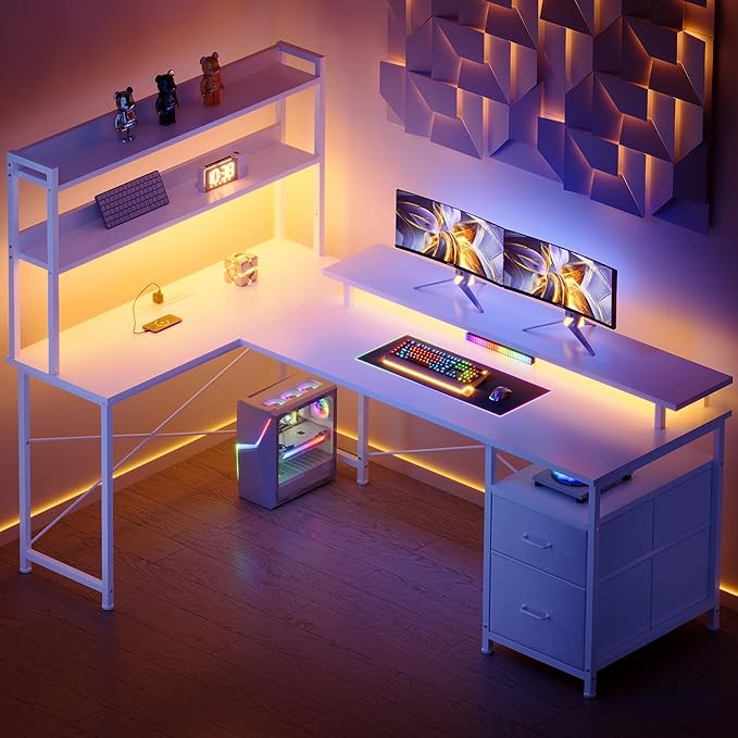 L Shaped Gaming Desk with ShelvesReversible Computer Gaming Desk with LED Lights and Charging StationHome Office Corner Desk with Monitor StandWhite