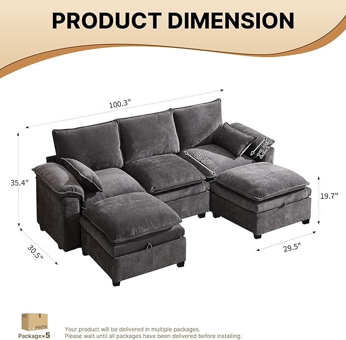 100 Modular Sectional Sofa U Shaped with Storage Chenille Cloud Couch for Small Spaces Living Room Apartment Comfy Deep Seat with Reversible Ottoman (5 Seats Grey)