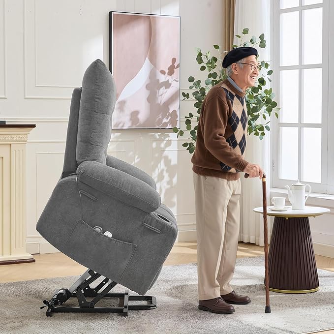 GarveeHome Power Lift Recliner Chair for Elderly with Massage and Heat Oversized Electric Massage &amp Heat Recliner with Soft Padded Upholstery Side Pocket &amp Cup Holders for Living Room Gray