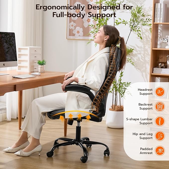 Office Desk Chair Ergonomic Computer Chair with Padded Flip-Up Arms and Adjustable Lumbar Support PU Leather Executive Chair with Tilt Lock and 360° Swivel Rolling Wheels for Work Study