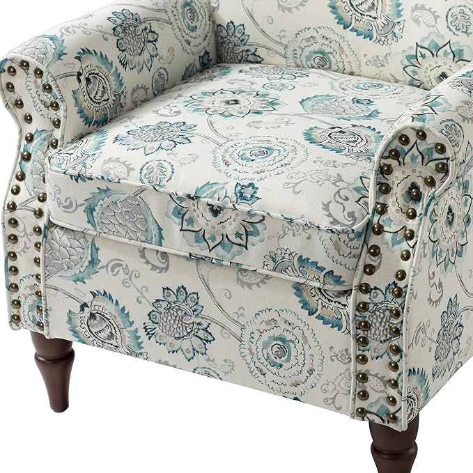 HULALA HOME Modern Wingback Accent Chair with Wood Legs &amp Removable Cushion Comfy Upholstered Armchair with Nailhead Trim Floral Pattern Single Sofa Chair for Living Room Bedroom Medallion