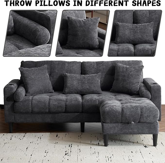 77 Grey L Shaped Couch with Storage Ottoman Chenille Small Sectional Couches with 2 Cup Holders &amp Charging Station for Small Space Comfy Cloud Sectional 3 Seater Couch (Grey)