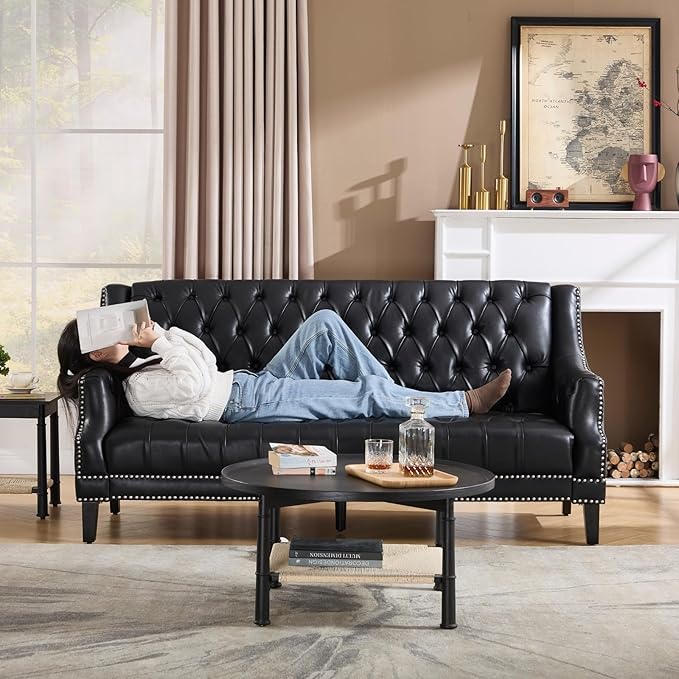 chairus Mid-Century Modern 74.5 Faux Leather Sofa Tufted Upholstered 3 Seater Couch with High Back &amp Nailhead Trim Chesterfield Sofa for Living Room Bedroom Apartment Office Black PU