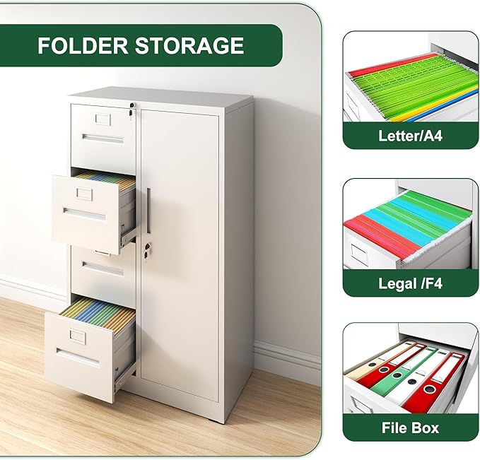 4 Drawer Small File Cabinet with LockUnder Desk Locking Storage Drawers OrganizerMetal Vertical Filing Cabinets for Home OfficeWhite