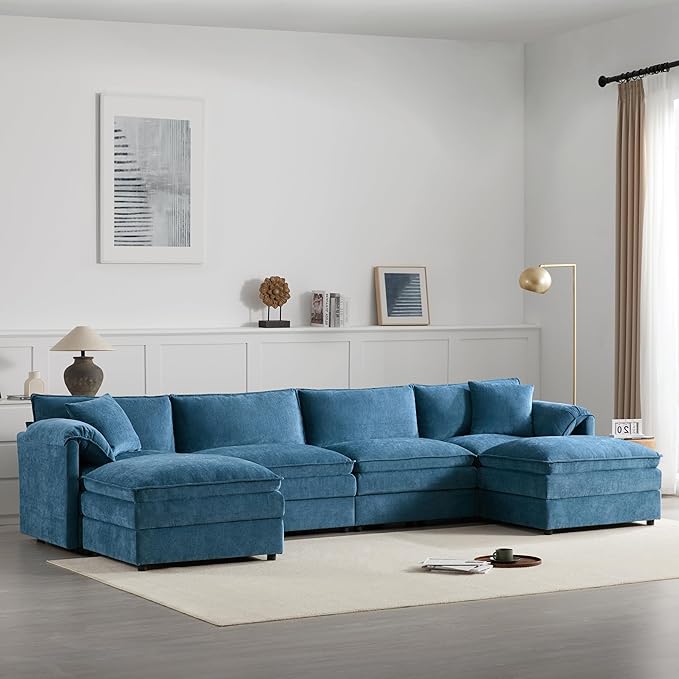 136 Chenille U-Shaped Modular Sectional Sofa with Deep and Wide SeatCloud Couch Set with Double Cushions6 Seat Sofa with Movable Ottomanfor Living Room Apartment Office (Blue#h)
