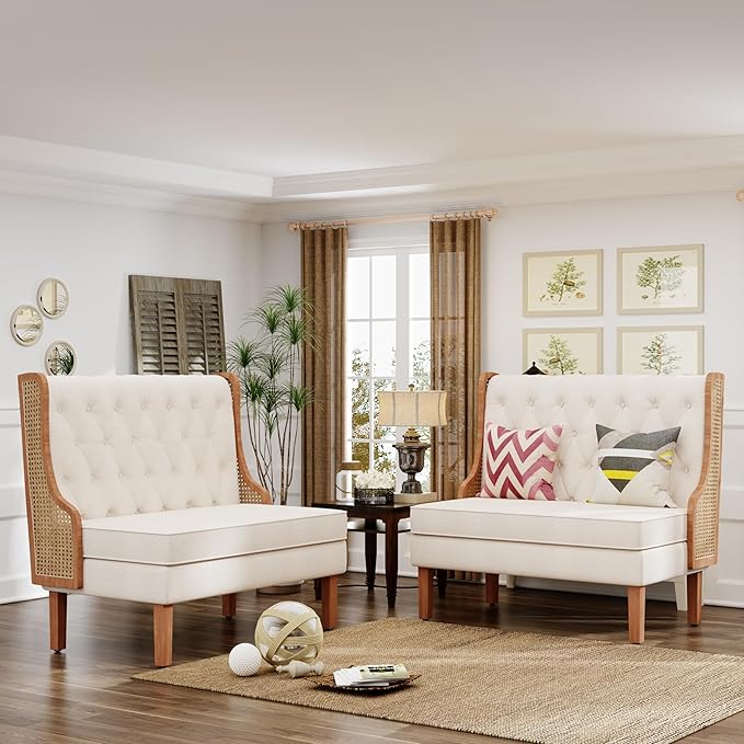 Andeworld Loveseat Settee Bench with Natural Rattan ArmsUpholstered Modern High-Back Mini Sofa CouchBanquette Dining Bench Love Seat for Living Dining Room Bedroom Office Small Space EntrywayBeige