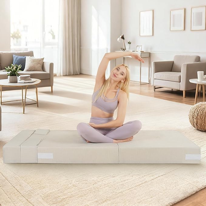 Folding Sofa Bed 4 in 1 Convertible Fold Out Single Chair Bed with Pillow Memory Foam Futon Chair Foldable Futon Couch Foldable Sofa Mattress for Living Room Bedroom Guest Room Beige