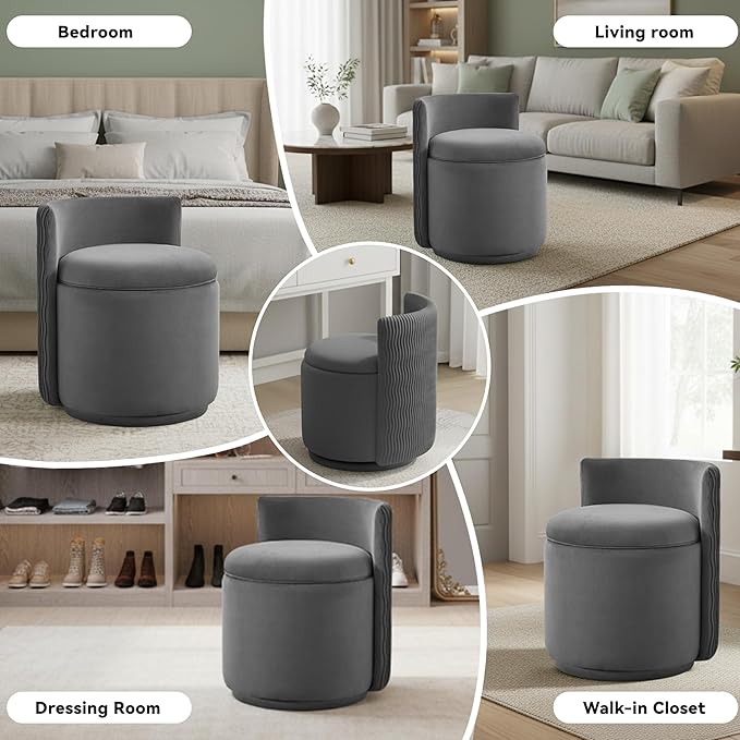 360° Velvet Vanity Chair with Storage Swivel Barrel Makeup Chair No Assembly Wave Back Vanity Stool Small Accent Chair for Living Room Grey