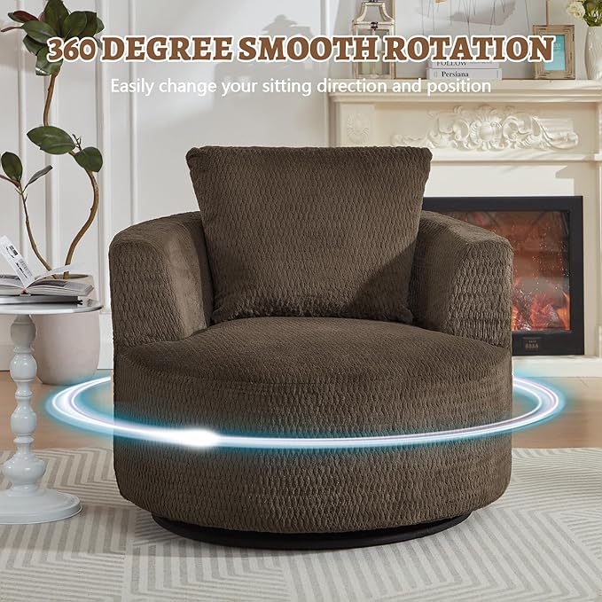 39.4 Wide Swivel Accent Chair Modern 360° Rotating Barrel Chair with Metal Base Club Single Sofa Chenille Armchair for Living Room Bedroom Reading Room Office (Dark Brown)