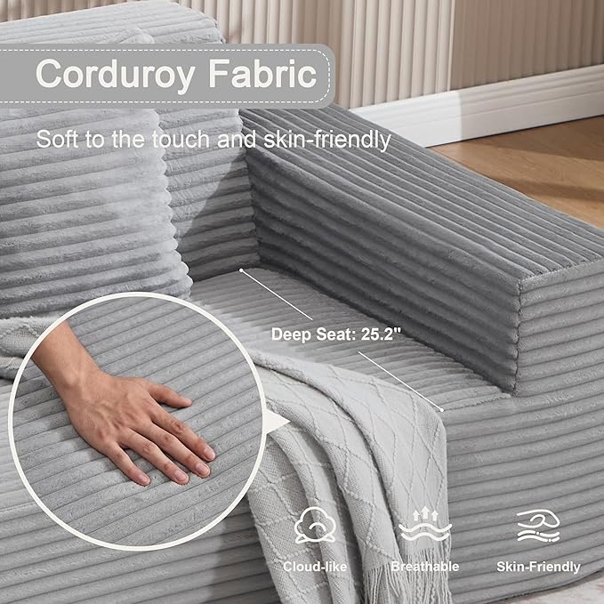 76 Cloud Loveseat Sofa Plush Corduroy Fabric 2 Seater Boneless couches Modern Small Couch for Living Room Comfy Deep Seat Sofa Apartment Office Small Spaces Light Grey