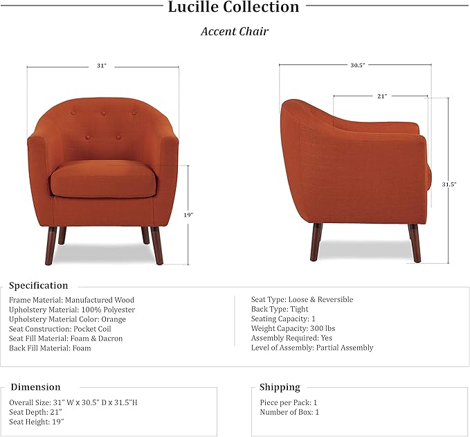 Homelegance Lucille Modern Accent Chair Upholstered Reading Chair with Button-Tufted Back Sloped Arms Removable Seat Cushion Cover and Espresso Wood Legs for Living Room Bedroom or Office Orange