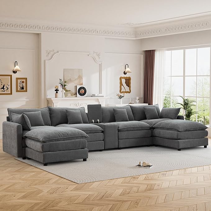 145 Cloud Couch Oversized U Shaped Grey Sectional Couches for Living Room Big Soft Comfy Fluffy Chenille Couch Sectionals Modular Sectional Sofa with Ottoman &amp Central Console