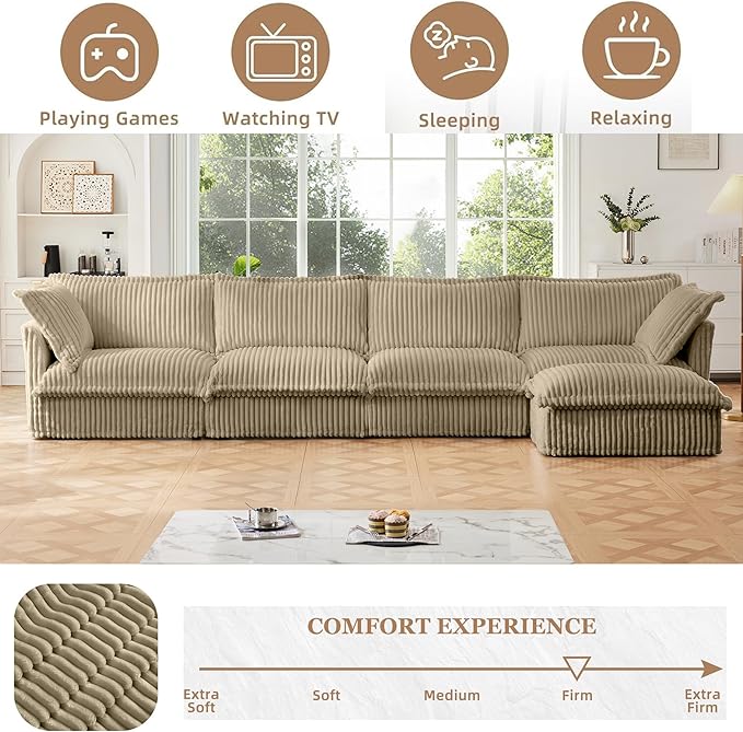 Modular Sectional Couches for Living Room L Shape Couch with 2 Big Pillows and Removable Cover Comfy Cloud Couch Fluffy Deep Seat Long Sofa (Camel 4 Seat + 1 Ottoman)