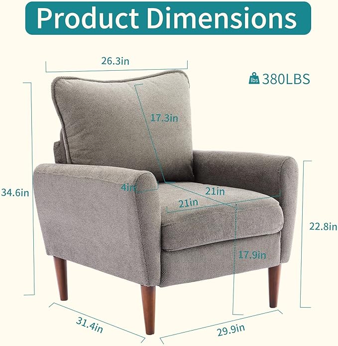 OLIXIS Comfy Accent Chair for Living Room Bedroom and Waiting Room Upholstered Mid-Century Reading Chair with Pillow and Solid Wood Legs Wide Singe Modern Lounge Sofa (Gray 2 Pack)