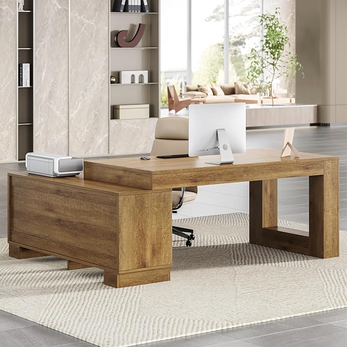 LITTLE TREE 63 L Shaped Executive Desk with Storage Farmhouse Home Office Desk with 2-Tier Cabinets and Shelves Large Wooden Computer Table Business Furniture Workstation Set Brown