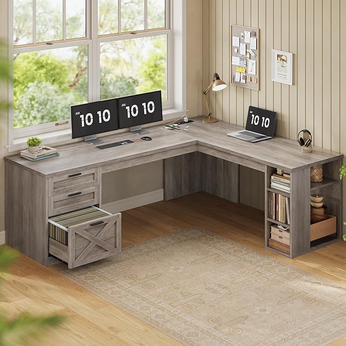 SEDETA Farmhouse 67 L Shaped Desk with 3 Drawers Executive Desk Home Office Desks with Storage Shelves Corner Computer Desk with Power Outlets for Home Office Grey
