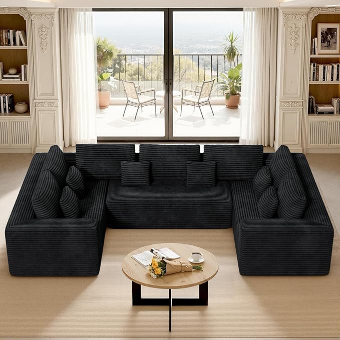 136'' Large Sectional Cloud Couches with Chaise U Shaped Boneless Loveseat Sofa No Assembly Required Deep Seat Modular Lounge for Living Room 3PCS Set Bedroom(Black)
