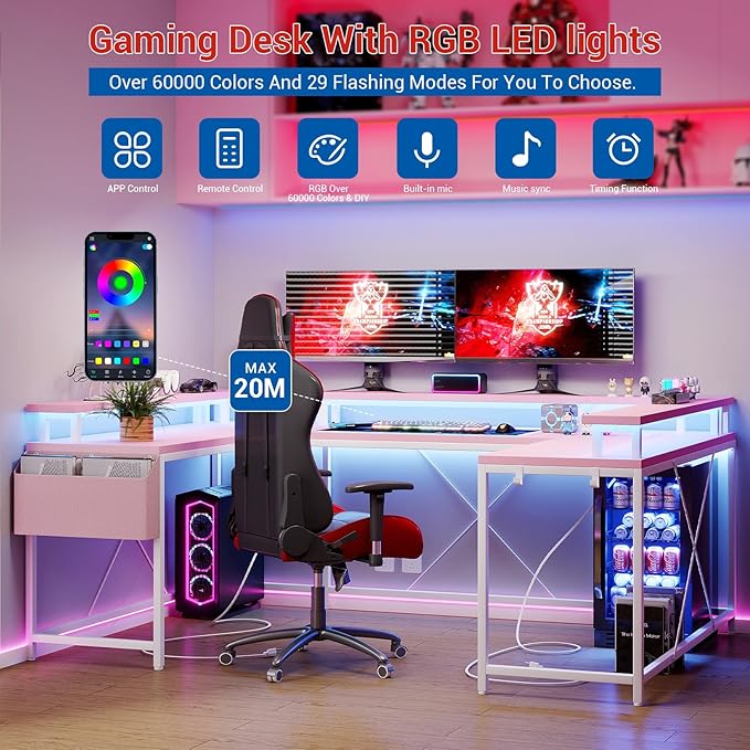 U Shaped Desk with Power Outlet &amp LED Lights 79 Reversible Computer Desk with Monitor Stand Wood Home Office Desks Gaming Desk with Shelving Side Storage Pockets Pink