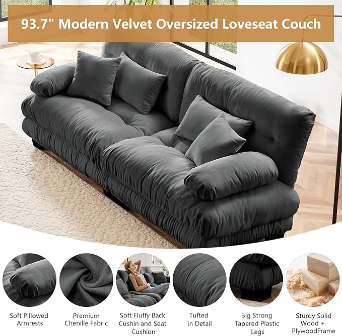 Aoowow Modern Modular Sectional Sofa94.4 Oversized Loveseat CouchChenille Cloud Couches for Living RoomTufted 2 Seater Cloud Sofas with Deep Seat (Chenille Grey 2 Seater)
