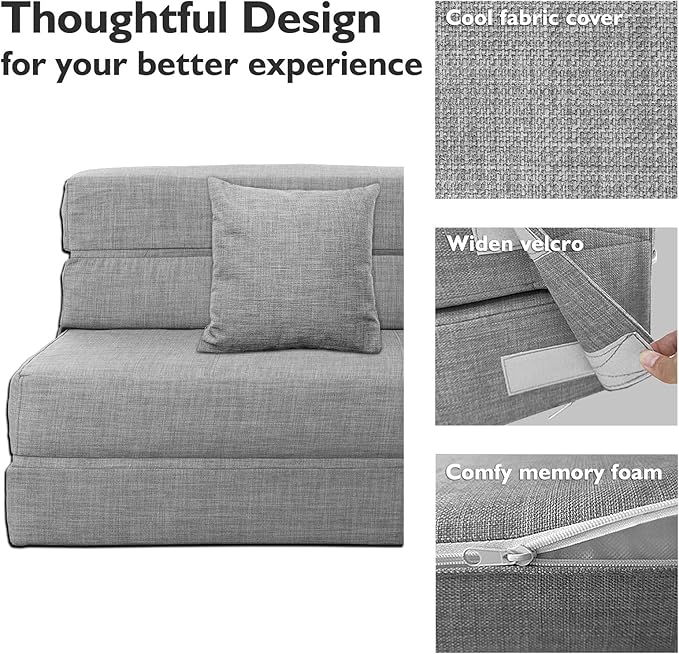 ANONER 60 Folding Sleeper Chair Sofa Bed Lazy Couch with 2 Pillows Queen Size Memory Foam Washable Cover Light Gray