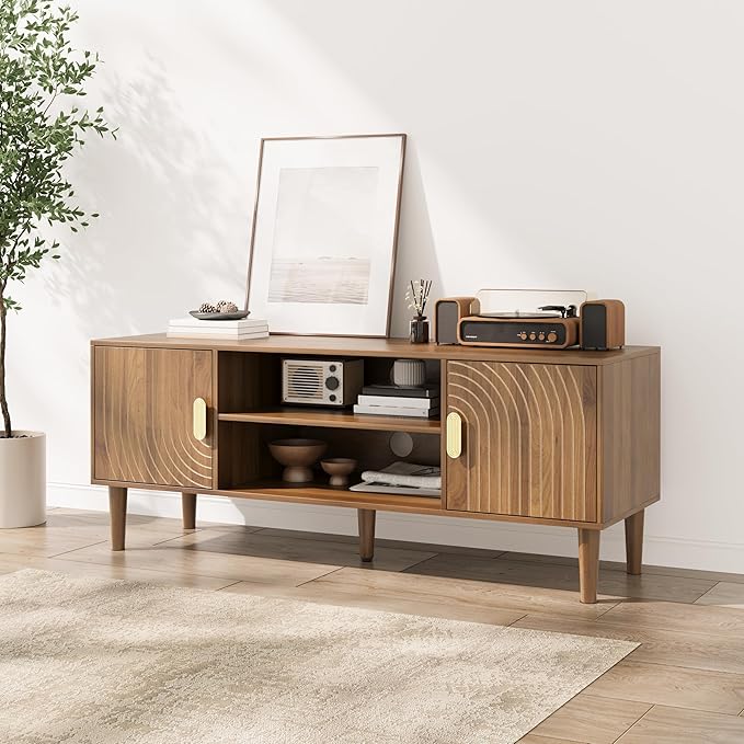 Smuxee Walnut TV Stand with Line Groove Design 47.2 Mid Century Modern TV Media Console for TVs up to 55 TV Cabinet with Adjustable Shelf &amp 2 Cabinets for Living Room