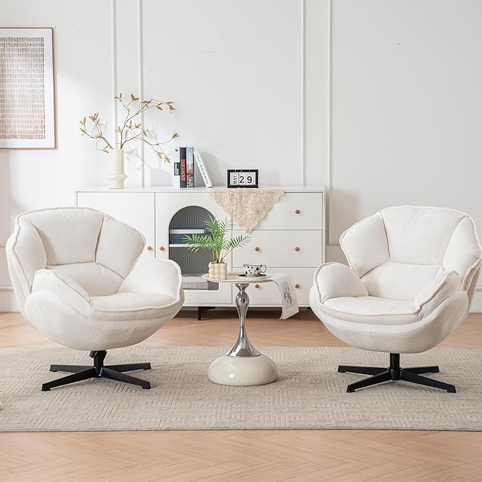 Swivel Accent Chair Set of 2 Modern Recliner Lounge Chair with Metal Base Frame Comfy Tufted Armchair for Living Room Bedroom Home Office Beige