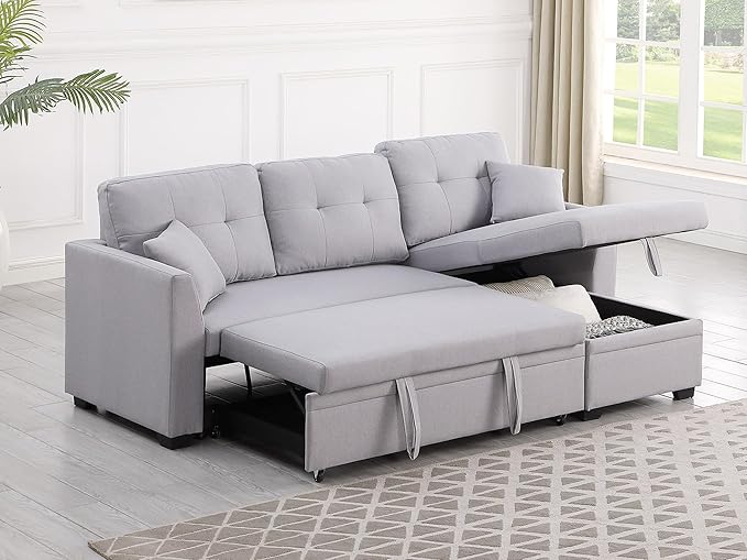 BEEY Sleeper Sofa Bed 82 Small Convertible Sectional Sofa Couch with Storage Chaise L Shaped Couch with Pull Out Bed for Bedroom Living Room (Light Grey F4002)