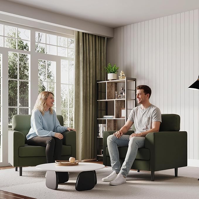 38 Modern Single Sofa Linen Upholstered Armrest Accent Chair with High-Density Foam &amp Fixed ArmrestsComfortable Armchair Upholstered Reading Chair for Living Room Bedroom &amp OfficeGreen