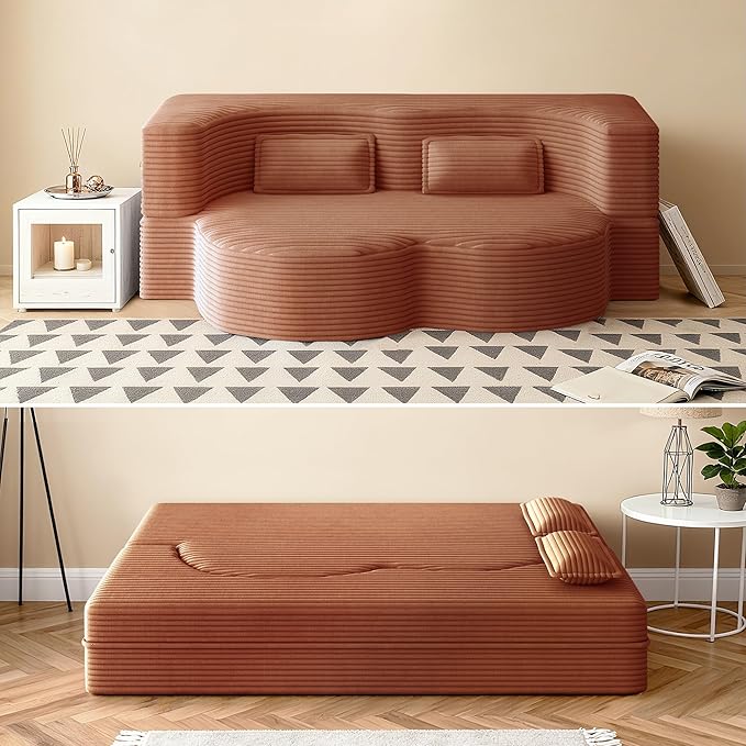 78 Convertible Sofa Bed 2-in-1 Folding Floor Couch with 2 Pillows Sleeper Sofa for Living Room and Bedroom No Assembly Required (Orange Corduroy Fabric)