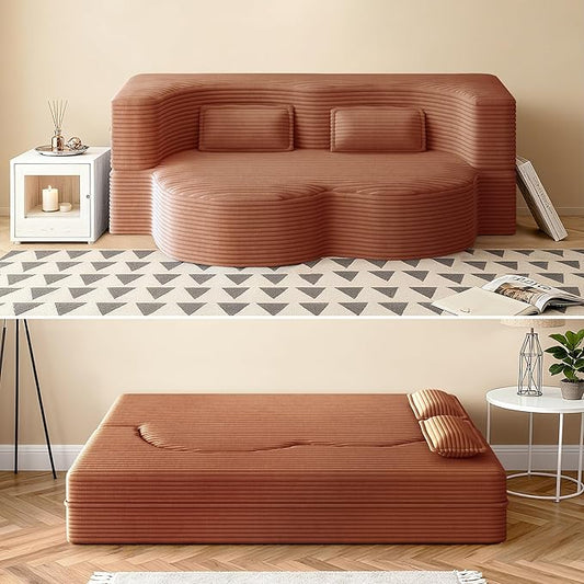 78 Convertible Sofa Bed 2-in-1 Folding Floor Couch with 2 Pillows Sleeper Sofa for Living Room and Bedroom No Assembly Required (Orange Corduroy Fabric)