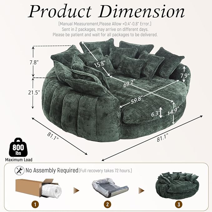 Oversized Sleeper Sofa Bed 81'' Round Chaise Lounge Chair Indoor Modern Chenille Boneless Couch Loveseat Plush Couch Cloud Couches Comfy Bean Bag Chair for Living Room Apartment (Emerald)