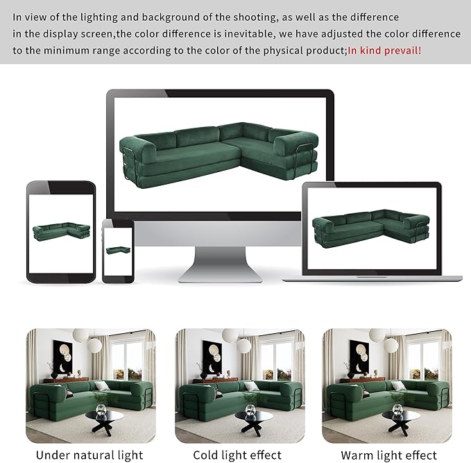 116''W Modular Sofa Bed in Corduroy Fabric L Shaped Sectional Couches Modern Upholstered Couches with Iron Frame Support 4 Independent Mattresses 3 Wedge Cushions and 1 Flat Cushion (Green/22)