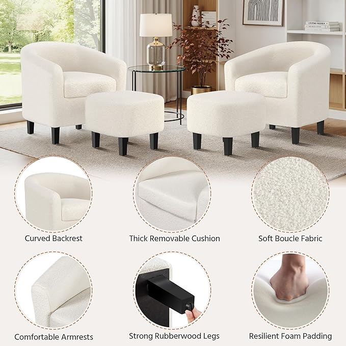 Yaheetech Accent Chair and Ottoman Set Mid Century Boucle Fabric Barrel Chair and Comfy Fabric Footrest for Living Room/Bedroom/Reading Room Ivory 2 PCS