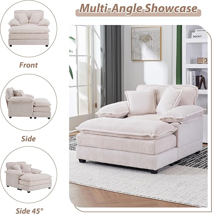 TTK Oversized Chaise Lounge Chair with Ottoman - 39.17 Wide Modern Sleeper Sofa for Living Room Bedroom &amp Office - Deep Seat Sectional Couch with Pillow Comfortable Reading ChairWhite