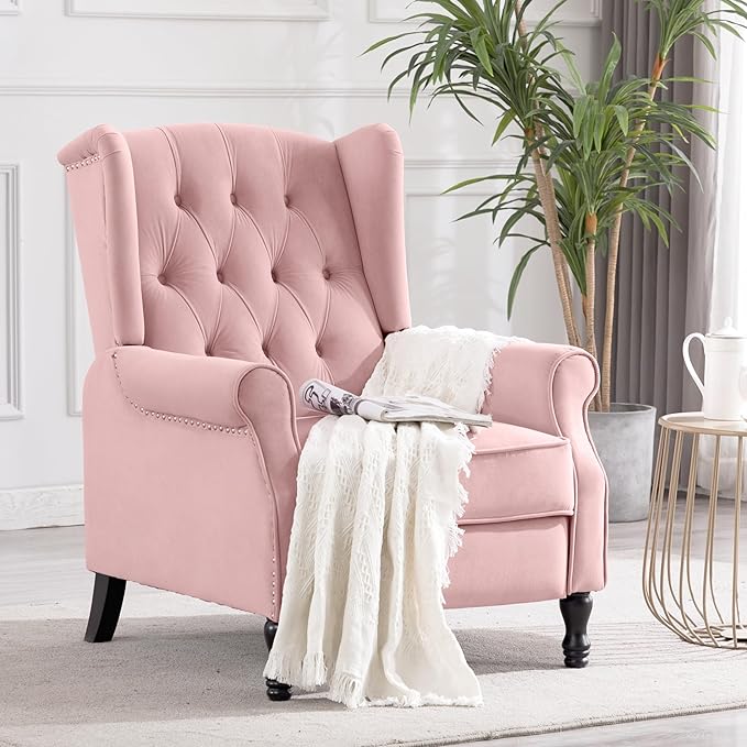 Artechworks Winged Fabric Modern Accent Chair Tufted Arm Club Chair Linen Single Sofa with Wooden Legs Comfy Upholstered for Reading Living Room Bedroom Office Pink