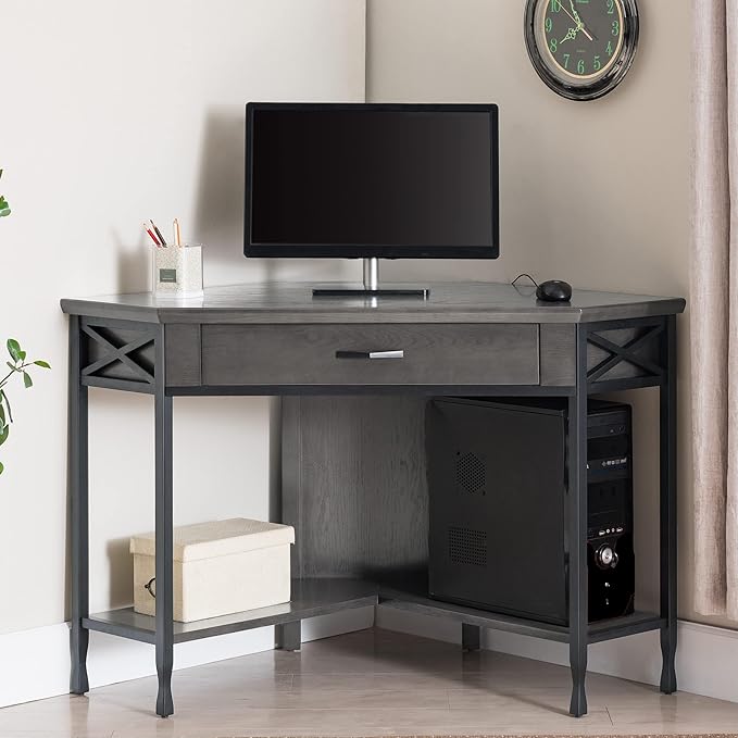 Bowery Hill Corner Computer/Writing Desk Matte Black Metal Base 48D x 24.5W x 30H Sturdy Wood Construction X-Side Design Drop Down Drawer Front Space-Saving Home Office Desk with Lower Shelf