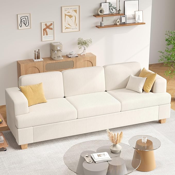 Apicizon 89'' 3-Seat Sofa Couch with Loveseat 2 Piece Comfy Sofa Sets for Living Room Modern Lounge Sofa Sleeper Couch for Apartment with Deep Seat Living Room Set White Corduroy