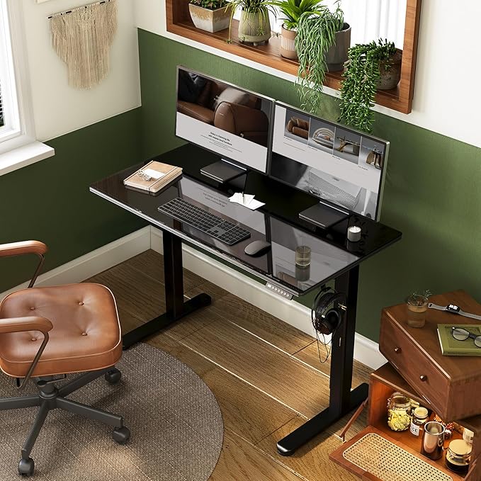 INNOVAR Glass Standing Desk with Drawers 40 x 24 Inches Electric Height Adjustable Desk Tempered Glass Top Stand Up Desks for Home and Office Black