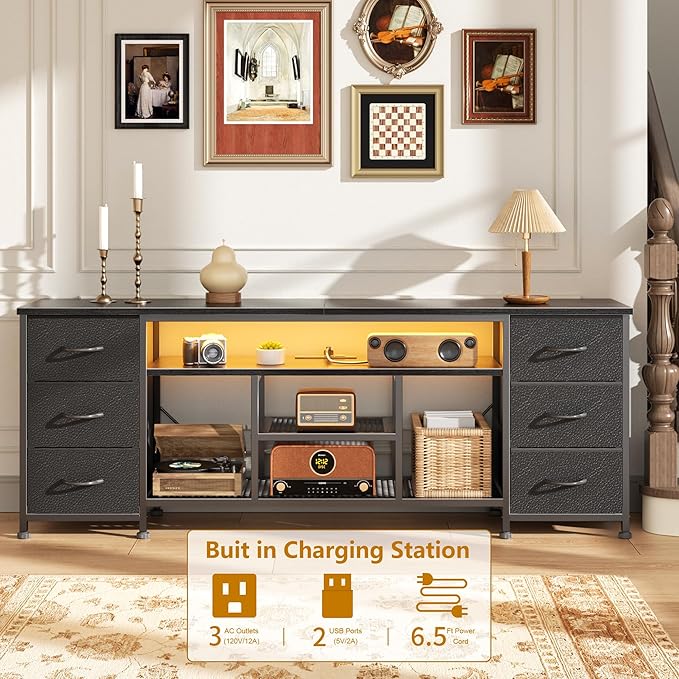 Furologee LED TV Stand for 65 70 Inch TV 63 Inch Entertainment Center with Power Outlets 6 Fabric Drawers Dresser for Bedroom Media Console with Open Shelves PU Leather Surface Black