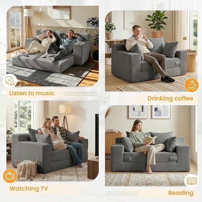 Winzon Boneless Loveseat 3 in 1 Convertible Sofa Bed Sleeper Sofa Floor Futon Bed with 4 Pillows 55 Grey Boneless Couch for Living Room Guest Room Small Space No Assembly Required Corduroy