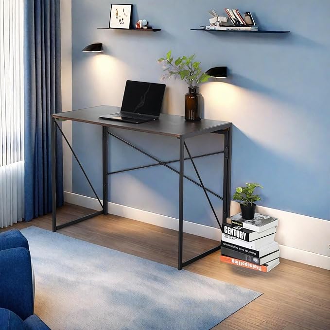 Homy Casa 39.4 Inch Foldable Laptop Desk Space-Saving Computer Table with No Assembly Required Sturdy Metal Frame Minimalist Design for Home Office Study or Small Spaces Walnut