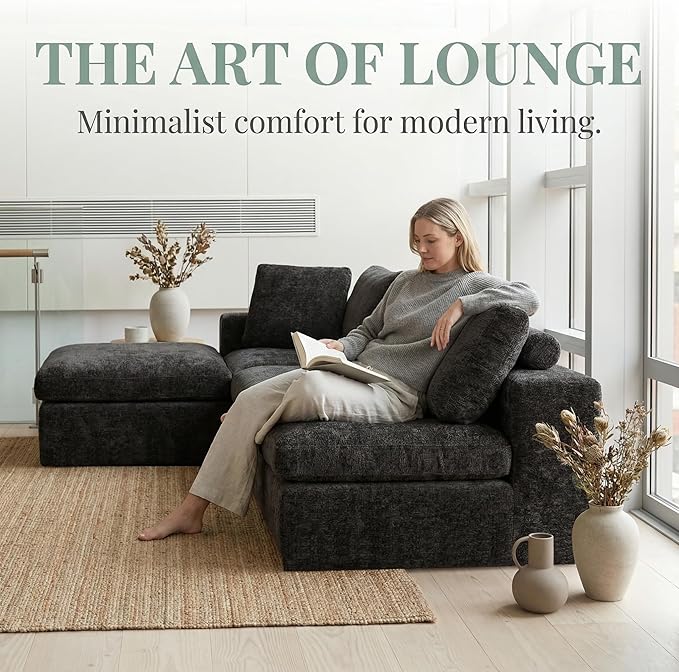 151'' 6 Seater Memory Foam Couch with Ottoman Modular Sectional Sofa for Living Room Boneless Couch Sectional with Memory Foam No Assembly Big Couch Set Black | Ergonomic Bolster