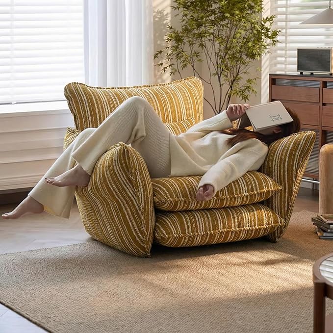 Oversized Chenille Accent Chair with Lumbar Pillow Yellow Stripe Wide Armrests Deep Seat 7 Inch High-Density Foam 350 lbs Capacity