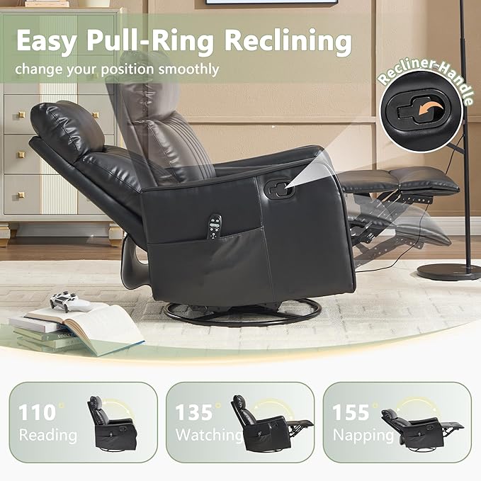 cinkehome Heated Massage Swivel Rocker Recliner Chair for Nursery - Small Space Reclining Chair with Lumbar Support 360° Swivel &amp Gentle Rocking Ergonomic High Back Faux Leather Black