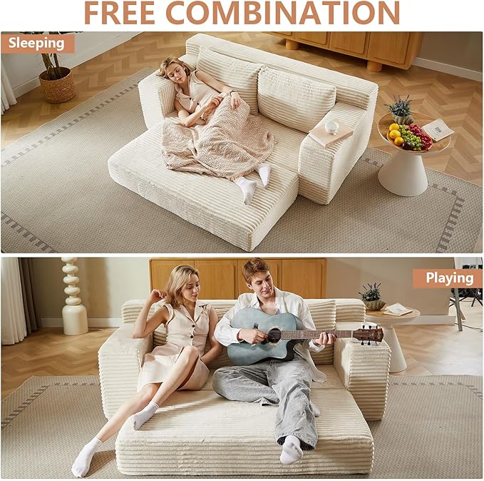 2-in-1 Loveseat Sofa with Pull-Out Bed 70.87 Sleeper Sofa with Comfy Cushions Corduroy Upholstered 2-Seater Cloud Sofa for Living Room Apartment and Small Spaces No Assembly Required (Beige)