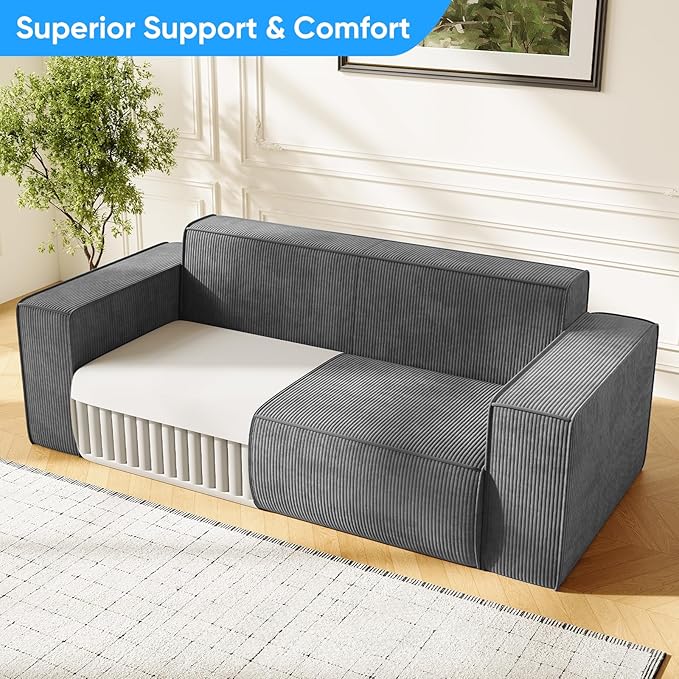 Mjkone 76 Modern Corduroy Sofa Couch Comfy 3 Seater Sofa with Deep Seat Couch for Living Room/Apartment/Office/Home No Legs/No Installation/Easy to Transport (Grey)