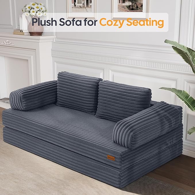 MeMoreCool Convertible Sofa Bed Folding Floor Couch Bed Queen Pull Out Sleeper Couch with Pillows Fold Out Futon Sofa for Bedroom Living Room Small Space Corduroy Grey
