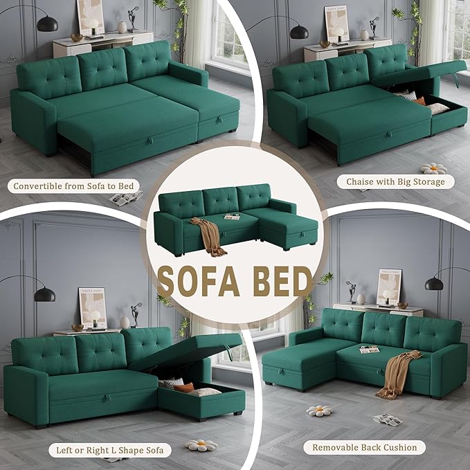 Linen Upholstered Pull Out Sectional Sofa with Storage ChaiseCouch W/ Removable Back CushionsCan Be Converted Into a Twin Size Sleeperfor Living RoomApartmentOfficeGreen